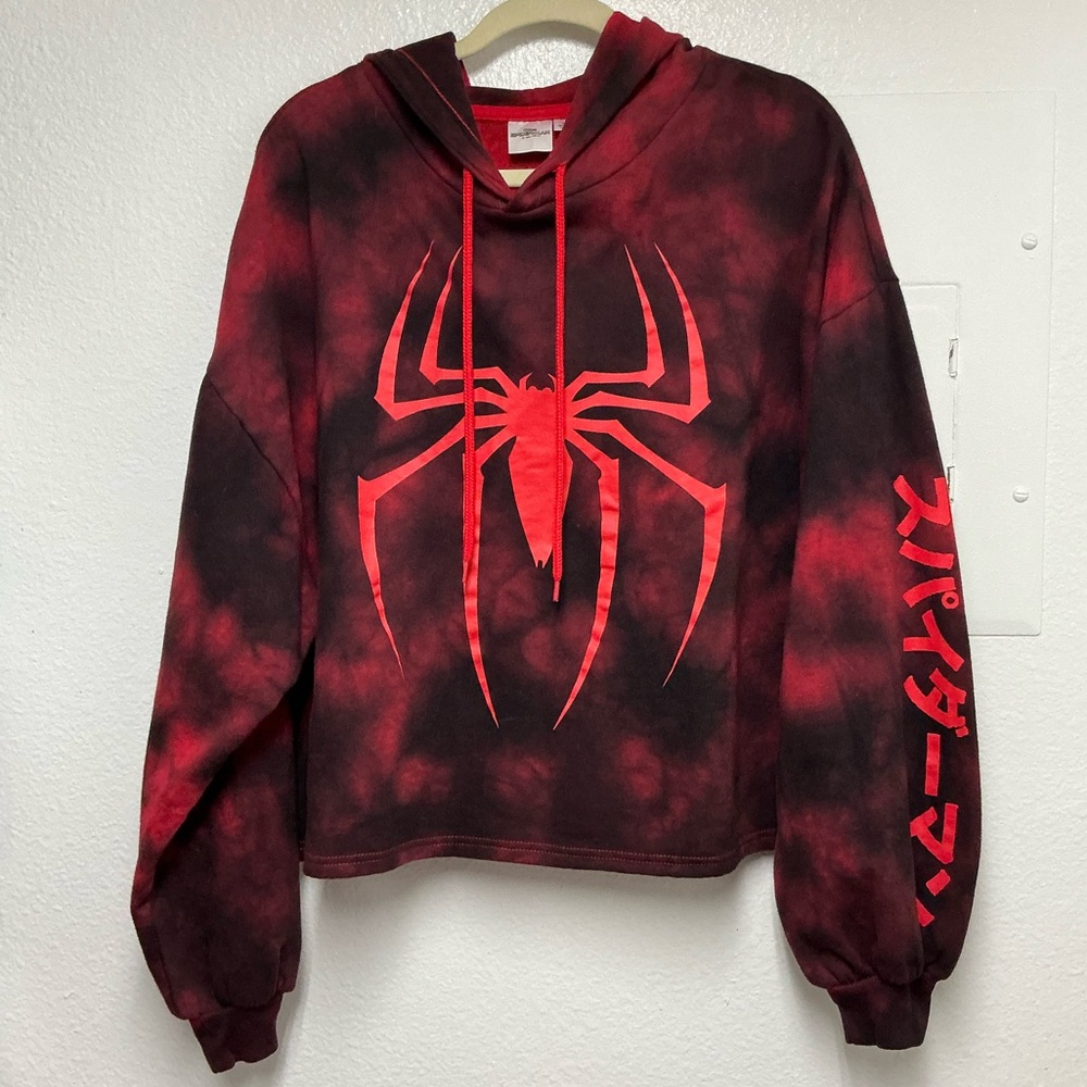Marvel Spider-Man  Red Tie-Dye Crop Hoodie with Japanese Sleeve Text